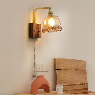 Mid Century Wall Light – Brown Glass Sconce with Brass & Wood Retro Design