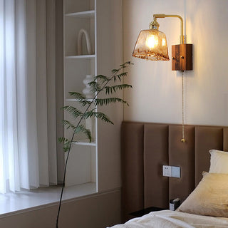 Mid Century Wall Light – Brown Glass Sconce with Brass & Wood Retro Design
