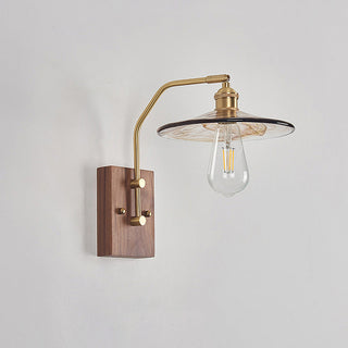 Mid Century Wall Light – Brown Glass Sconce with Brass & Wood Retro Design