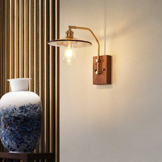 Mid Century Wall Light – Brown Glass Sconce with Brass & Wood Retro Design
