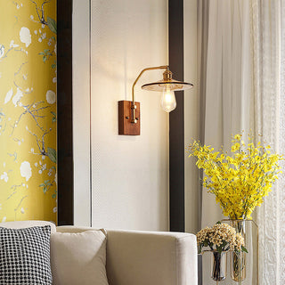 Brown glass mid-century wall sconce brass wood — retro lamp