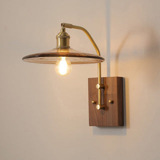 Mid Century Wall Light – Brown Glass Sconce with Brass & Wood Retro Design