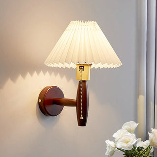 Folded fabric shade walnut wood wall sconce — elegant lamp
