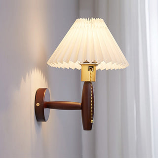 Walnut wood wall light classic folded fabric shade — elegant fixture
