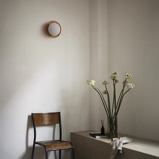 Round natural wood minimalist wall sconce — living room lamp