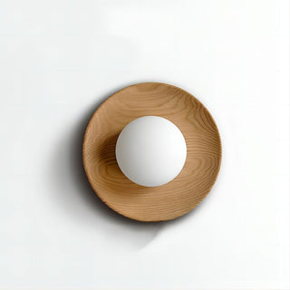 Round natural wood minimalist wall sconce — living room lamp