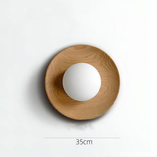 Round minimalist natural wood wall lamp — living room sconce