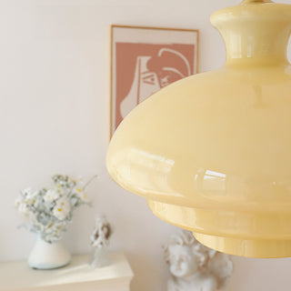 Three-layer glass pendant from below — Bauhaus yellow ceiling lamp