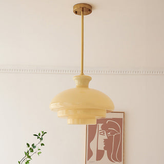 Bauhaus yellow pendant close-up — three-layer glass ceiling lamp