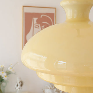 Yellow Bauhaus pendant side view — three-layer glass ceiling