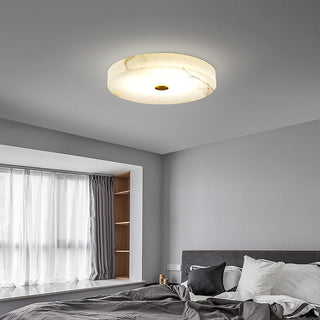 Modern white marble ceiling light installed, luxury flush mount