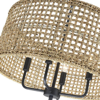 Grid rattan pendant side view — black iron woven fixture