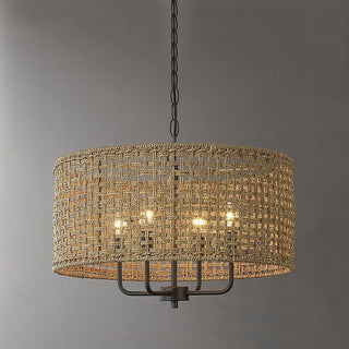 Rattan woven pendant close-up — grid black iron frame lamp