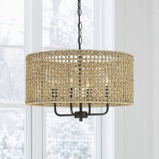 Rattan woven grid pendant — black iron frame handcrafted lamp