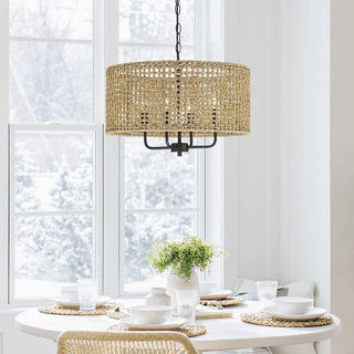Black iron rattan grid pendant from below — woven hanging light