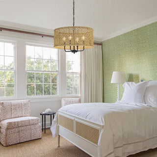 Rattan grid pendant in interior — black iron woven frame lamp