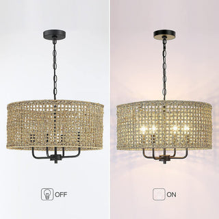 Woven grid pendant detail — rattan black iron ceiling fixture