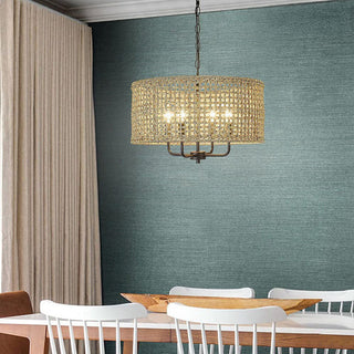 Rattan grid pendant side angle — black iron woven ceiling lamp
