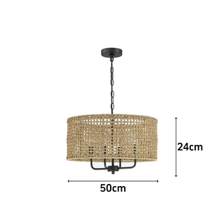 Black iron grid pendant top view — rattan woven hanging fixture
