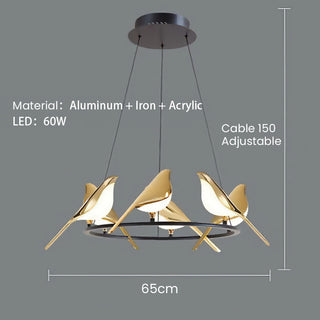 Suspension LED circulaire – Luminaire suspendu moderne avec motif oiseau | Lumière suspendue dorée