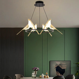 Suspension LED circulaire – Luminaire suspendu moderne avec motif oiseau | Lumière suspendue dorée