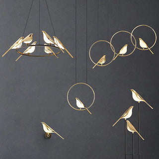 Suspension LED circulaire – Luminaire suspendu moderne avec motif oiseau | Lumière suspendue dorée