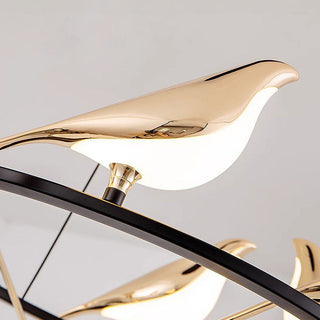Suspension LED circulaire – Luminaire suspendu moderne avec motif oiseau | Lumière suspendue dorée