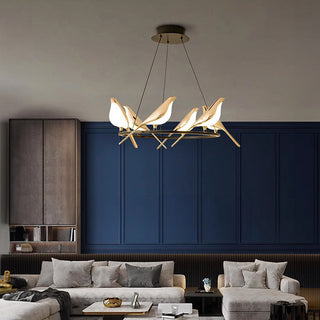 Suspension LED circulaire – Luminaire suspendu moderne avec motif oiseau | Lumière suspendue dorée