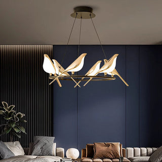 Suspension LED circulaire – Luminaire suspendu moderne avec motif oiseau | Lumière suspendue dorée