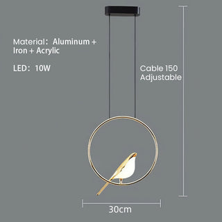 LED circle pendant lamp with artistic gold bird accent
