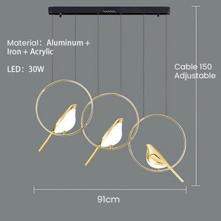 Suspension LED circulaire – Luminaire suspendu moderne avec motif oiseau | Lumière suspendue dorée