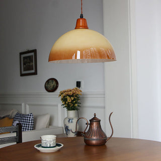 Retro round stained pendant close-up — brown shade LED ceiling lamp