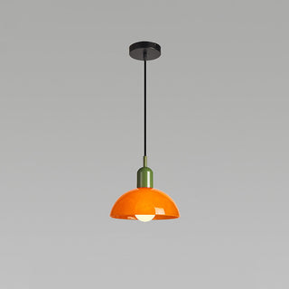 Dimmable bedside pendant from below — mini stained glass fixture
