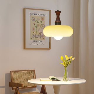 Medieval-style pendant with walnut frame and glass shade