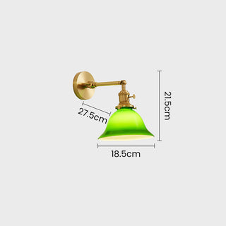 Adjustable mid-century brass wall sconce green glass — dining room