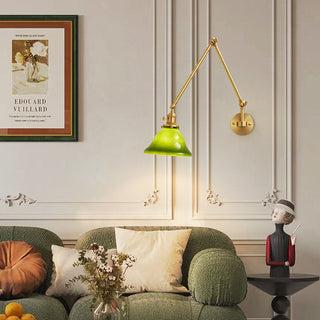 Green glass shade brass adjustable wall sconce — mid-century dining