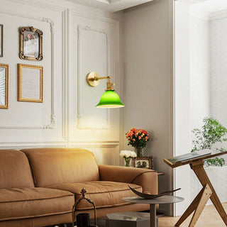 Adjustable green glass shade brass wall sconce detail — mid-century