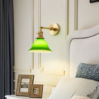 Mid-century brass adjustable wall lamp green glass illuminated