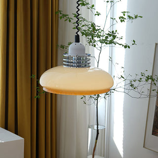 Bauhaus pendant side angle — brown glass shade ceiling lamp