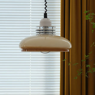 Bauhaus pendant close-up — brown glass shade stylish lamp
