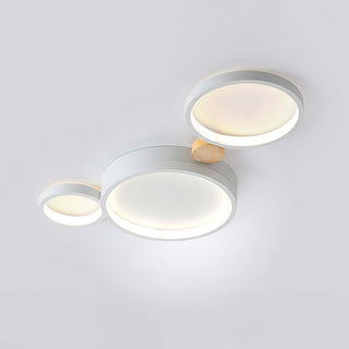 Modern round LED ceiling light with iron and wood design, bedroom