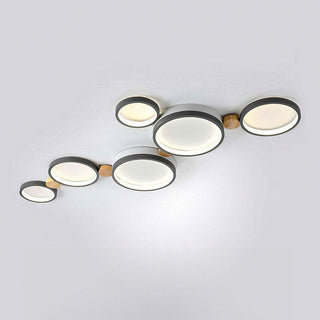 Round iron wood ceiling fixture illuminated, modern bedroom LED