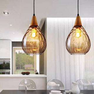 Amber teardrop pendant from below — vintage hanging ceiling light
