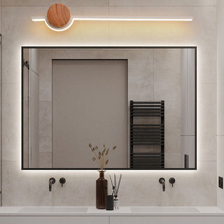 Linear warm wood LED bathroom wall sconce ambient — vanity