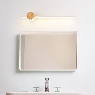 Wood LED linear bathroom wall lamp warm angle — vanity
