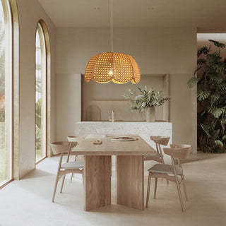 Woven rattan pendant detail — round brown eco ceiling fixture
