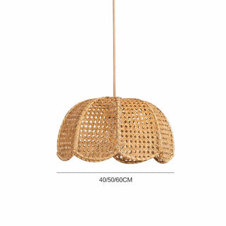 Round rattan pendant side angle — woven eco brown hanging lamp
