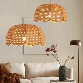 Rattan round pendant in interior — woven eco brown lamp