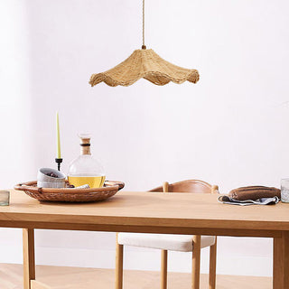 Boho rattan pendant with handwoven shade for farmhouse kitchen