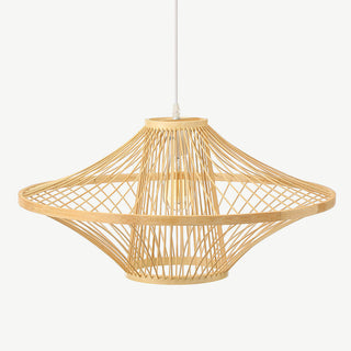 Woven bamboo pendant light hanging in living room — artisan lantern